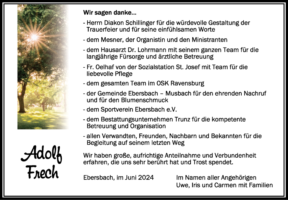  Traueranzeige für Adolf Frech vom 15.06.2024 aus Schwäbische Zeitung