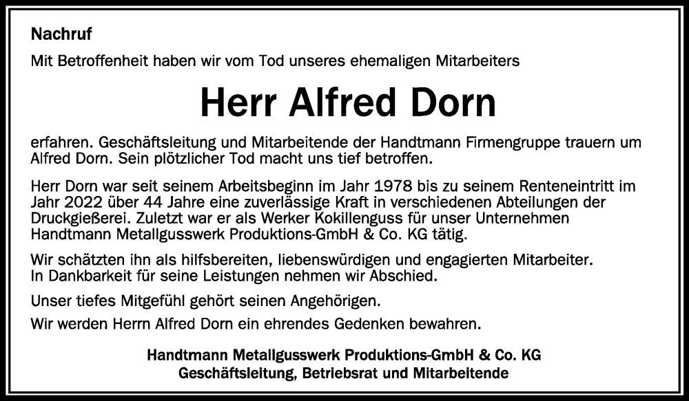  Traueranzeige für Alfred Dorn vom 22.06.2024 aus Schwäbische Zeitung