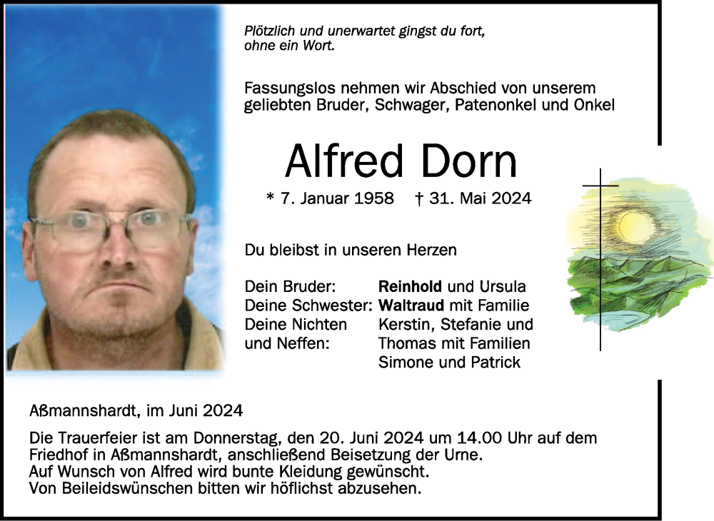  Traueranzeige für Alfred Dorn vom 15.06.2024 aus Schwäbische Zeitung