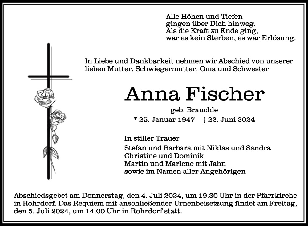  Traueranzeige für Anna Fischer vom 29.06.2024 aus Schwäbische Zeitung