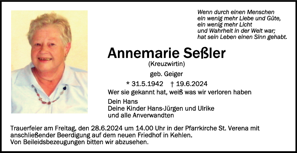  Traueranzeige für Annemarie Seßler vom 26.06.2024 aus Schwäbische Zeitung