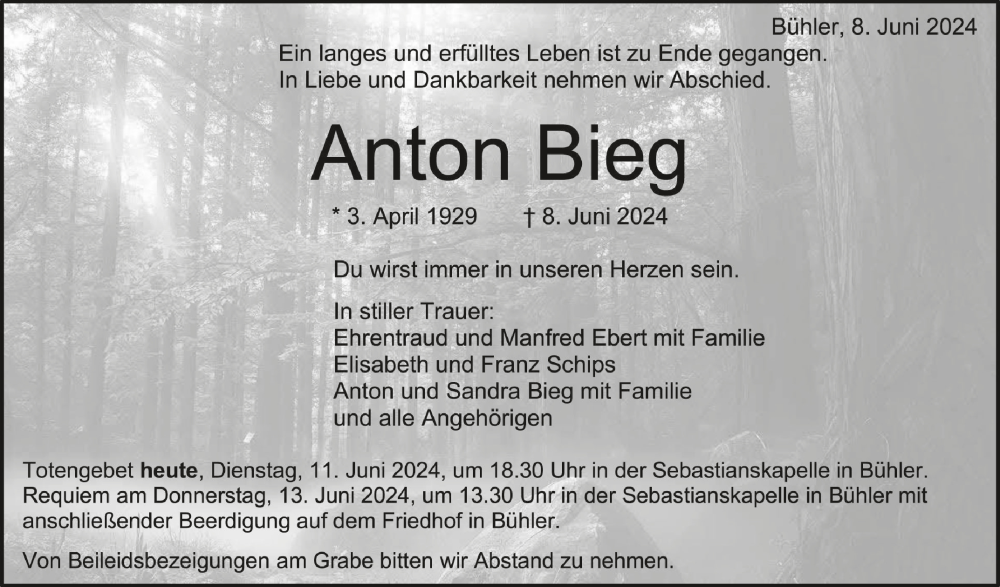 Traueranzeige für Anton Bieg vom 11.06.2024 aus Schwäbische Zeitung