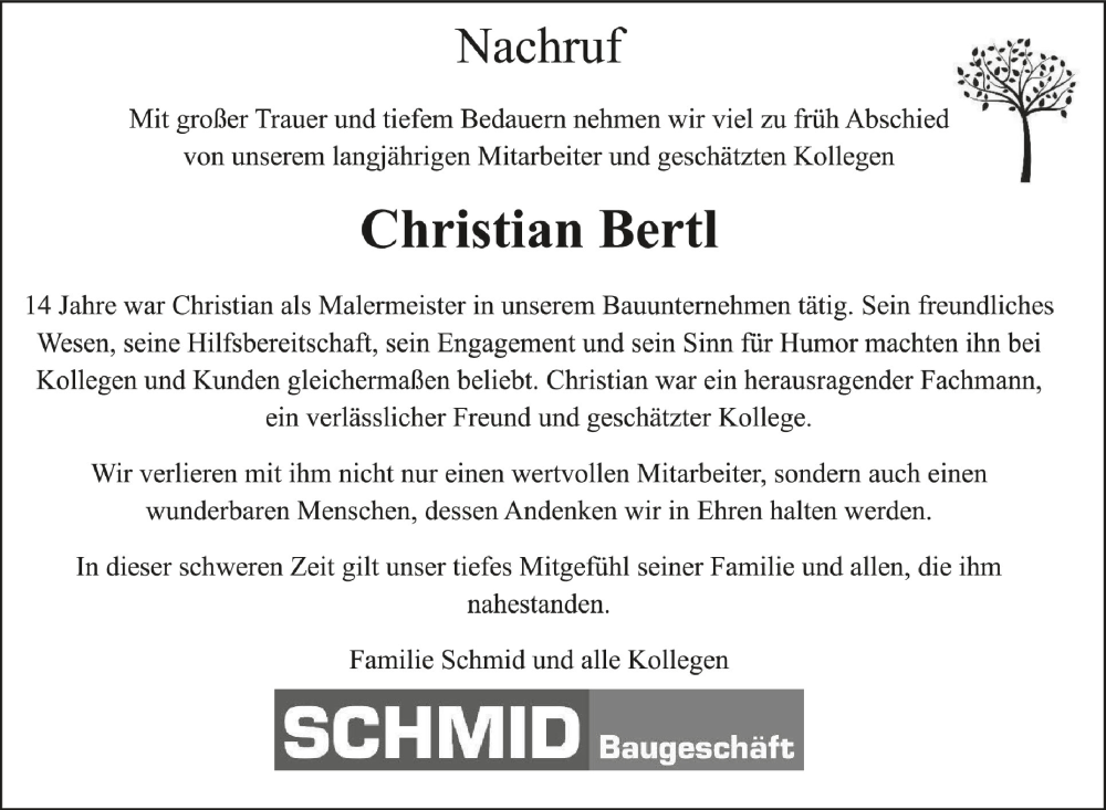  Traueranzeige für Christian Bertl vom 22.06.2024 aus Schwäbische Zeitung