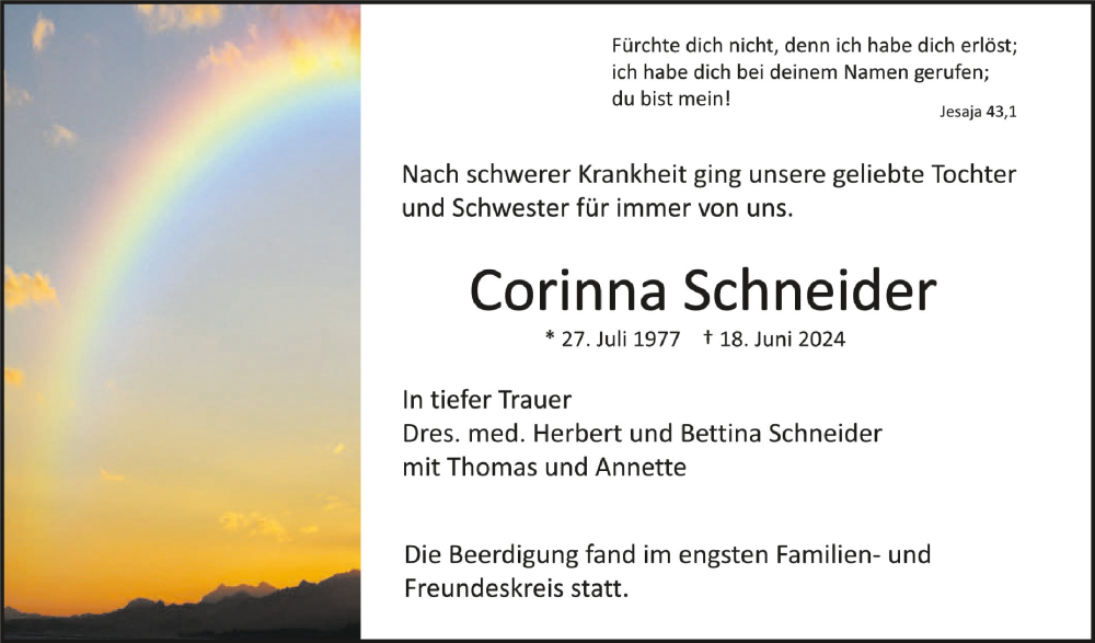  Traueranzeige für Corinna Schneider vom 28.06.2024 aus Schwäbische Zeitung