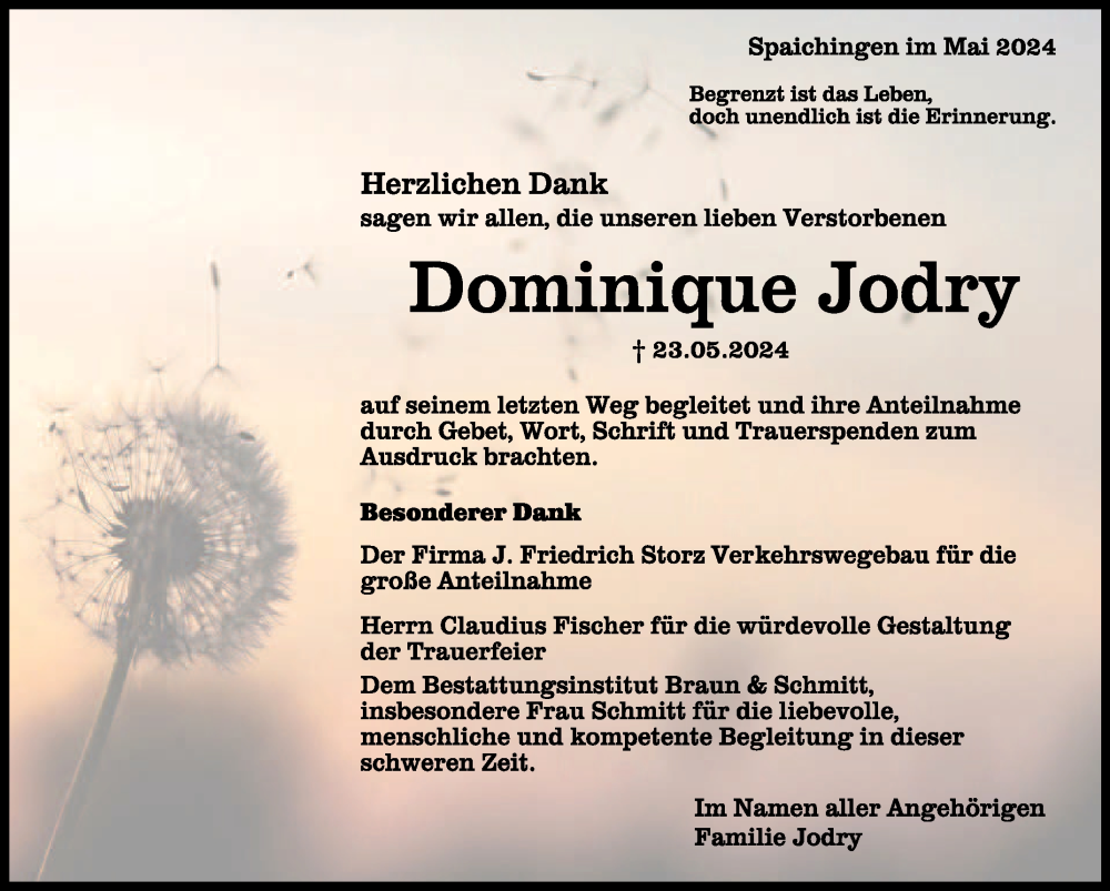  Traueranzeige für Dominique Jodry vom 01.06.2024 aus Schwäbische Zeitung