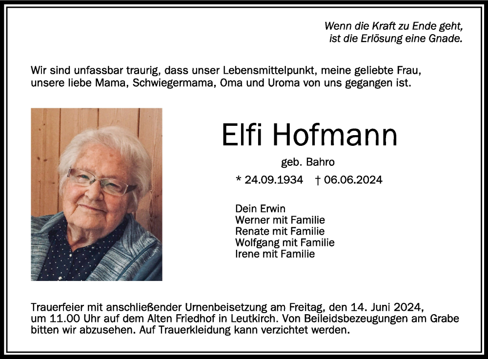  Traueranzeige für Elfi Hofmann vom 08.06.2024 aus Schwäbische Zeitung