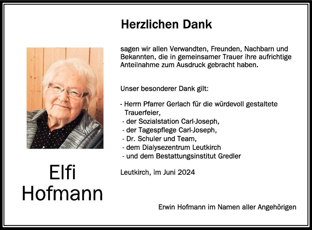  Traueranzeige für Elfi Hofmann vom 29.06.2024 aus Schwäbische Zeitung