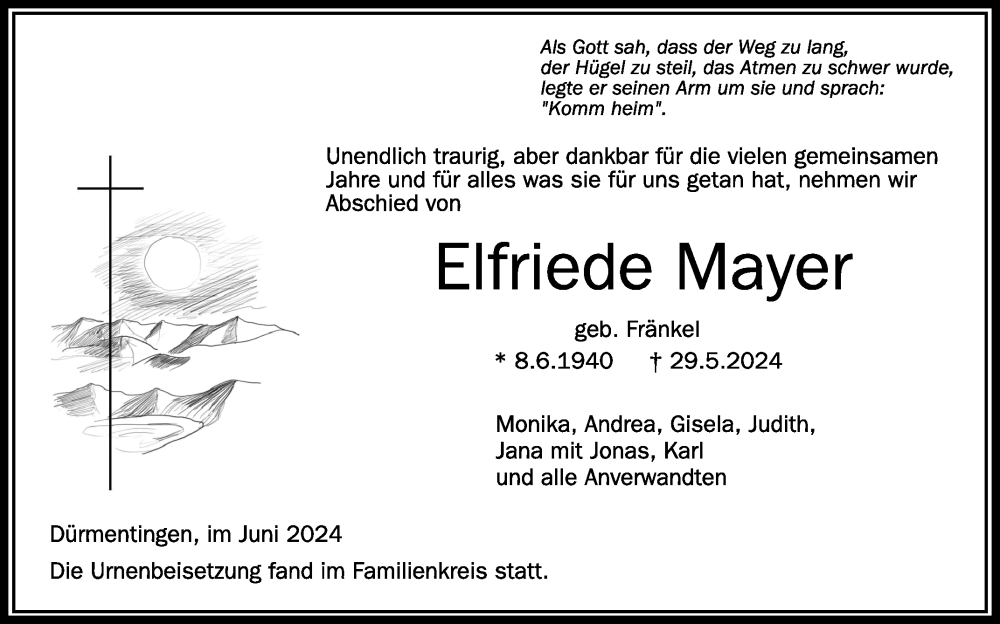  Traueranzeige für Elfriede Mayer vom 15.06.2024 aus Schwäbische Zeitung