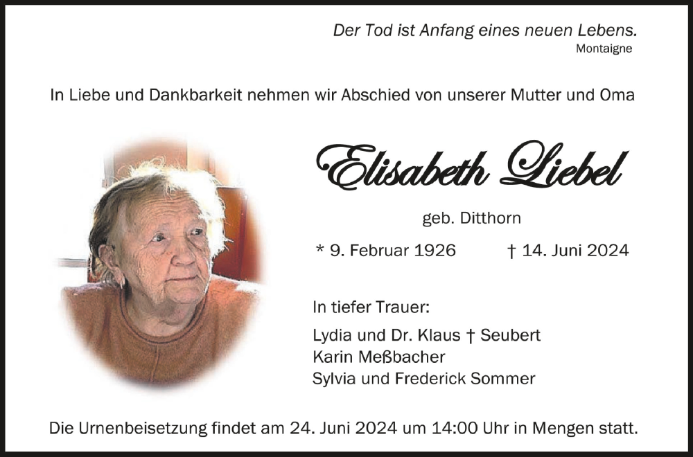  Traueranzeige für Elisabeth Liebel vom 21.06.2024 aus Schwäbische Zeitung