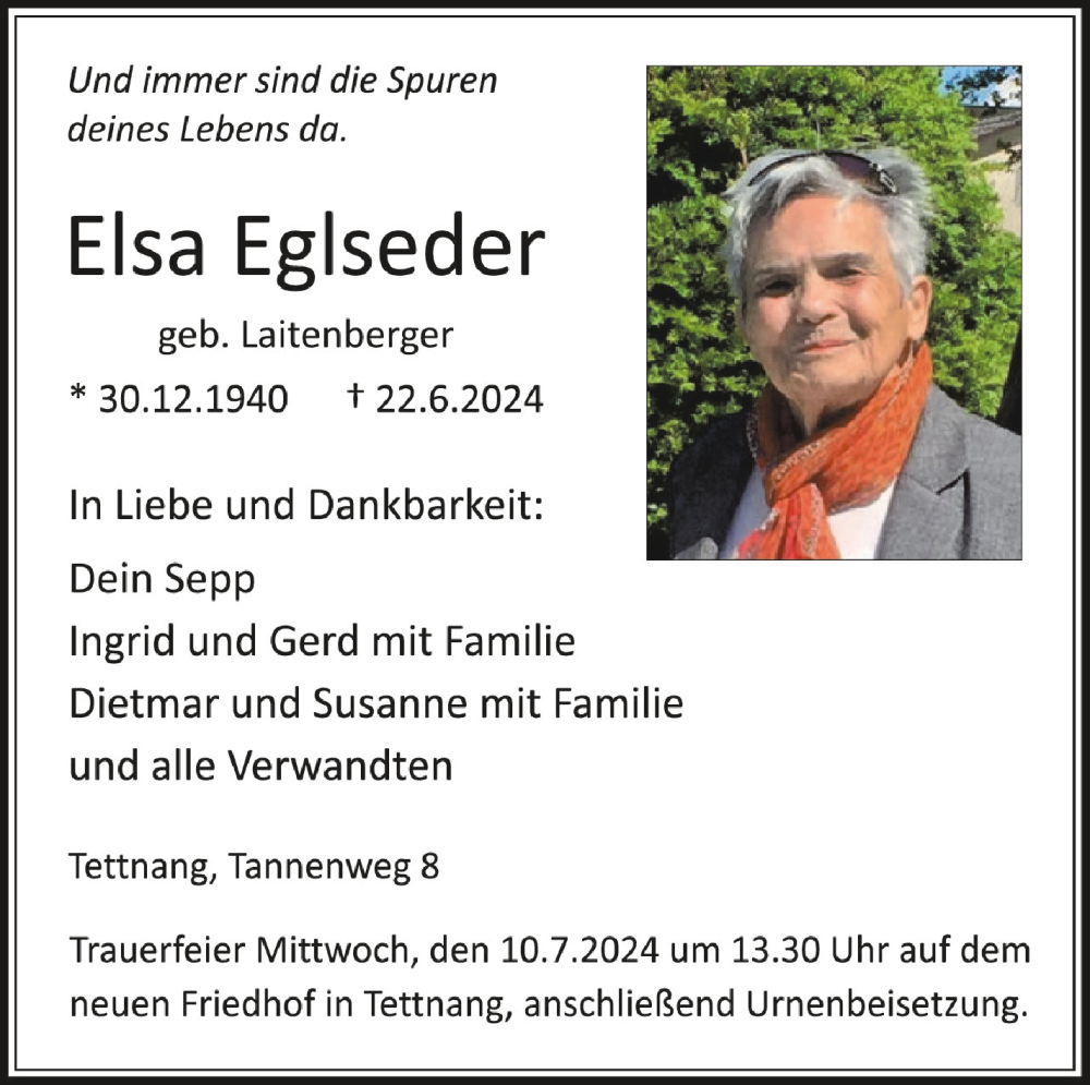  Traueranzeige für Elsa Egiseder vom 28.06.2024 aus Schwäbische Zeitung