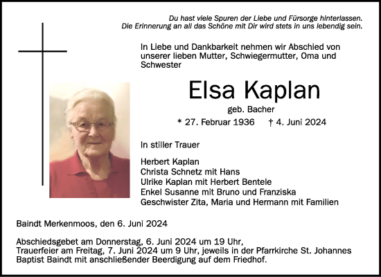 Anzeige von Elsa Kaplan von Schwäbische Zeitung