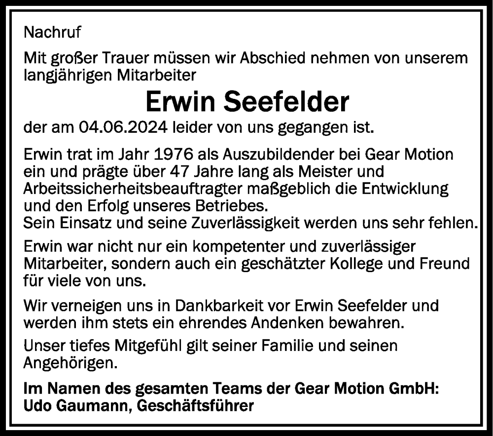  Traueranzeige für Erwin Seefelder vom 25.06.2024 aus Schwäbische Zeitung