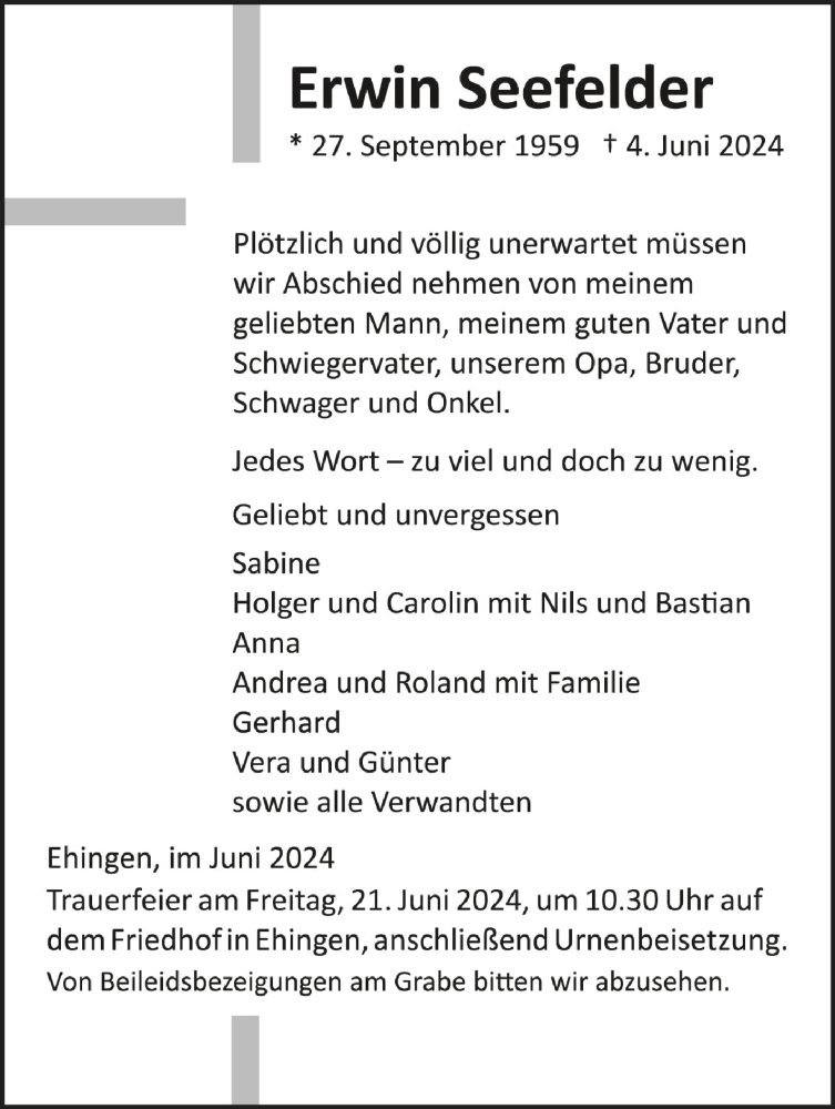  Traueranzeige für Erwin Seefelder vom 15.06.2024 aus Schwäbische Zeitung