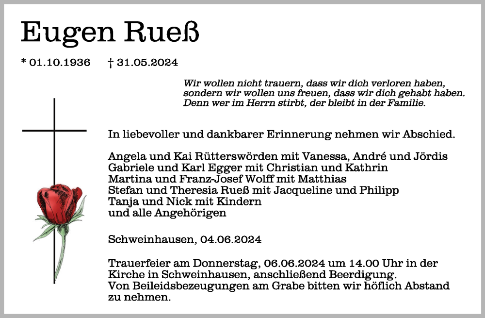  Traueranzeige für Eugen Rueß vom 04.06.2024 aus Schwäbische Zeitung