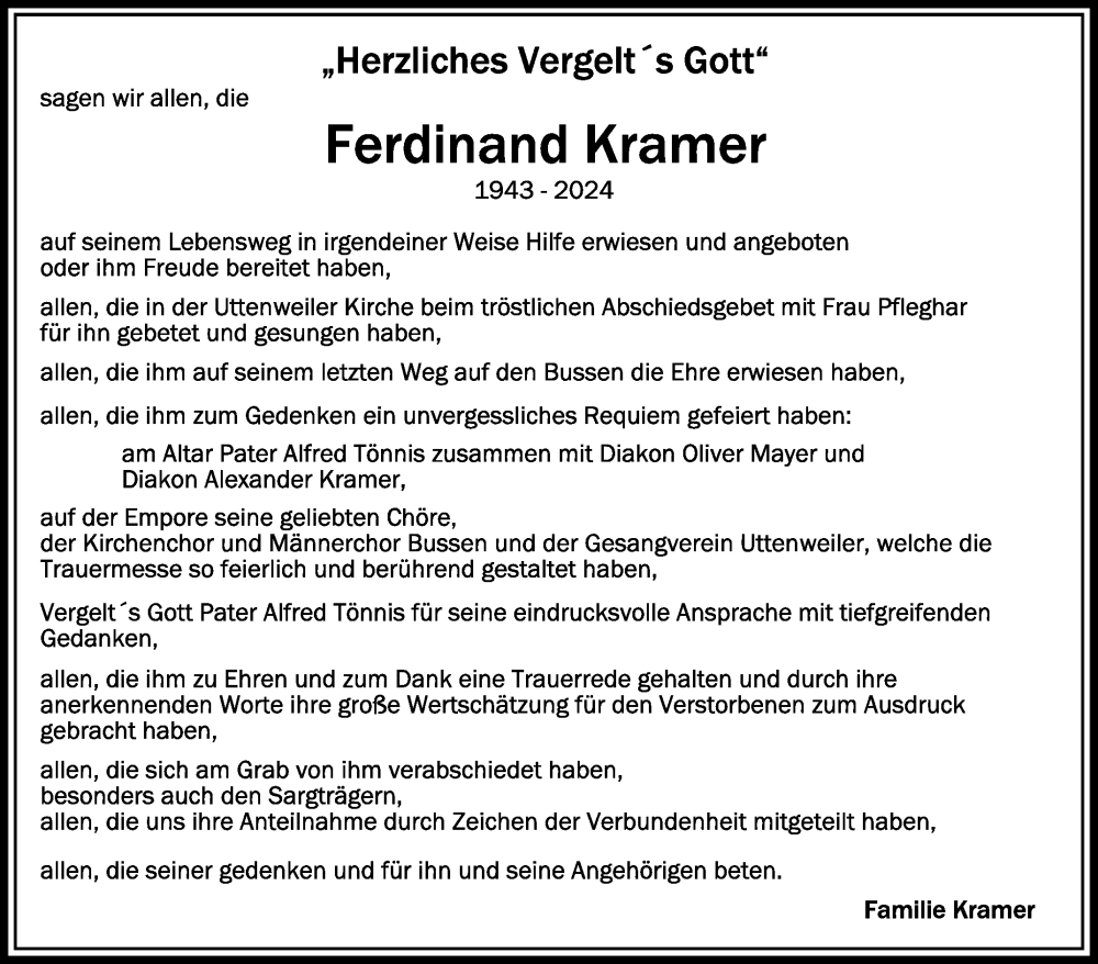  Traueranzeige für Ferdinand Kramer vom 15.06.2024 aus Schwäbische Zeitung