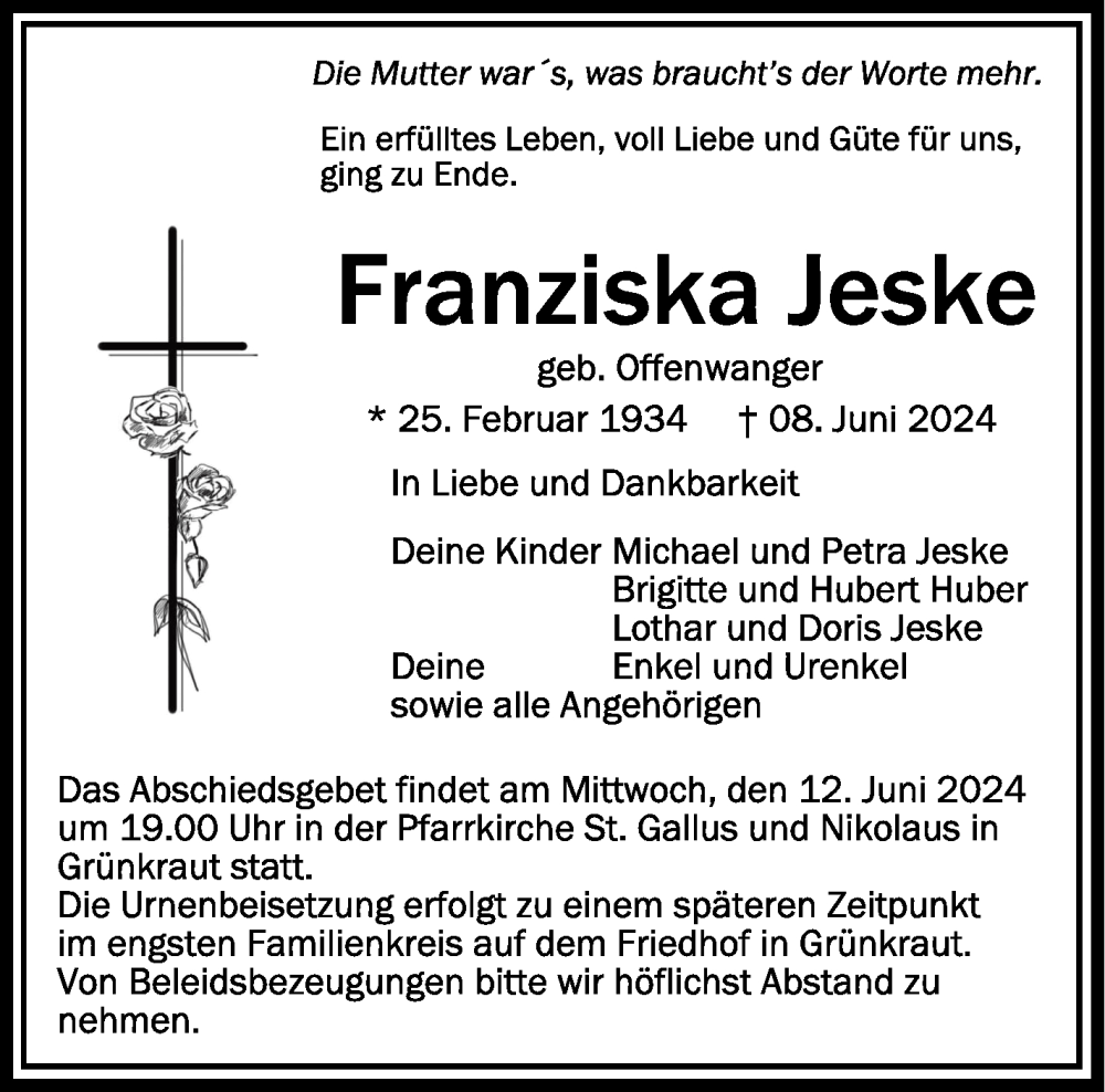  Traueranzeige für Franziska Jeske vom 11.06.2024 aus Schwäbische Zeitung