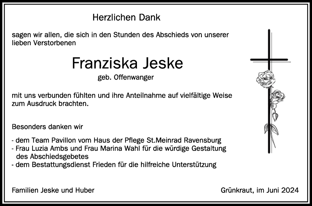  Traueranzeige für Franziska Jeske vom 22.06.2024 aus Schwäbische Zeitung