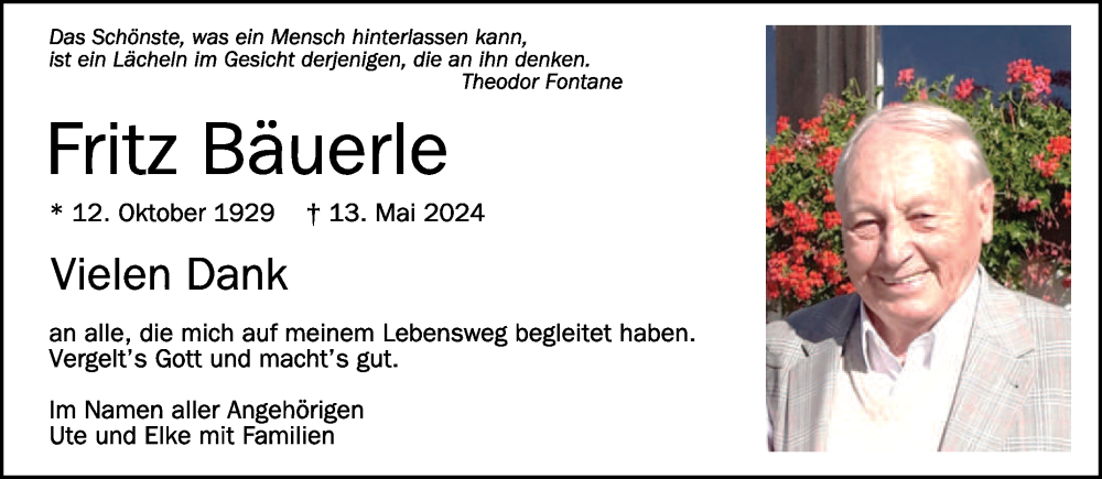  Traueranzeige für Fritz Bäuerle vom 01.06.2024 aus Schwäbische Zeitung