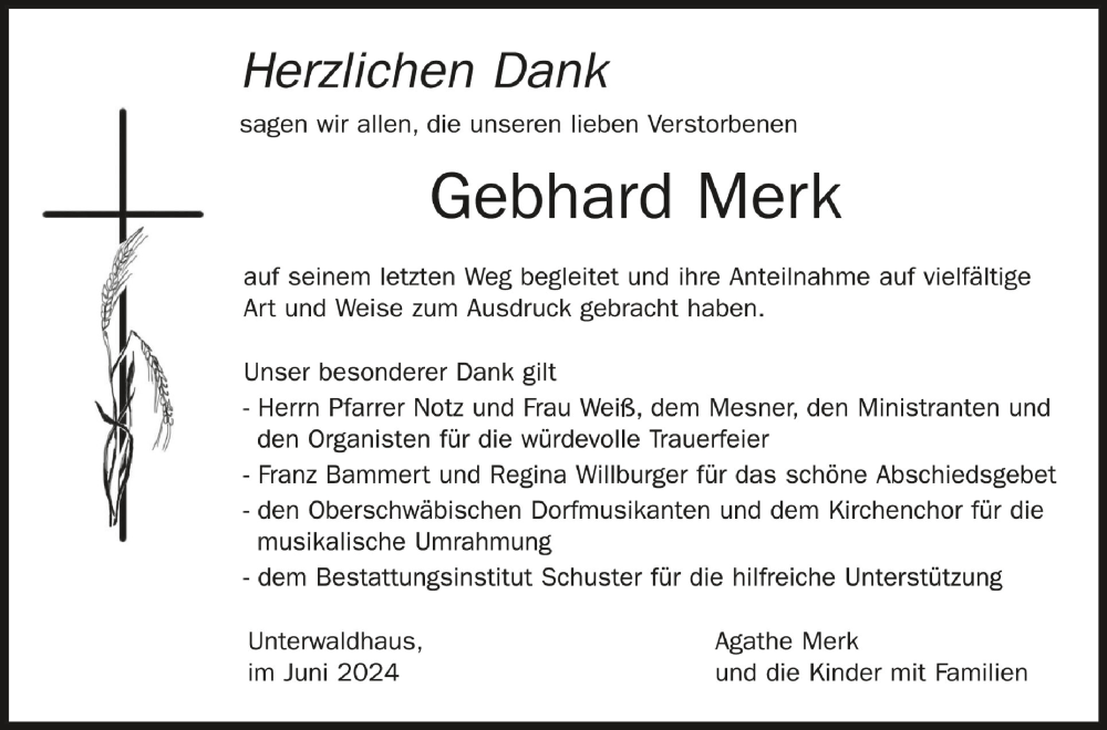  Traueranzeige für Gebhard Merk vom 08.06.2024 aus Schwäbische Zeitung