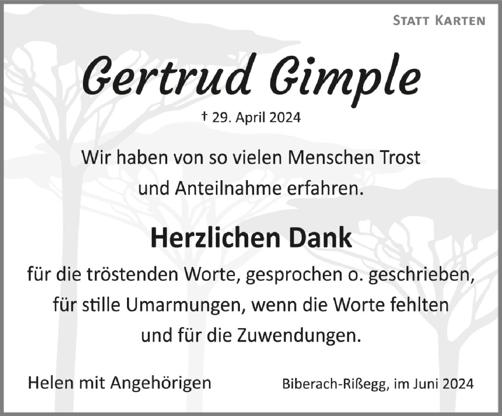  Traueranzeige für Gertrud Gimple vom 01.06.2024 aus Schwäbische Zeitung