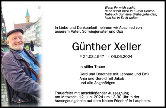 Anzeige von Günther Xeller von Schwäbische Zeitung
