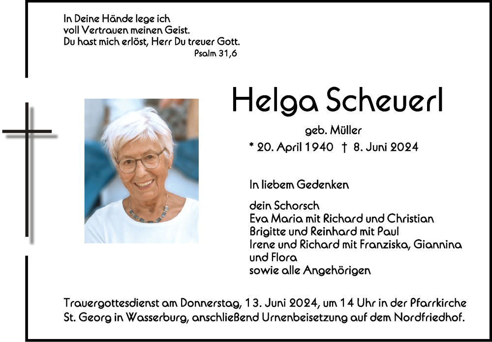 Traueranzeige für Helga Scheuerl vom 11.06.2024 aus Schwäbische Zeitung