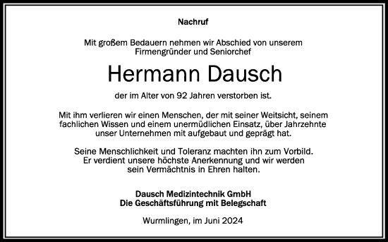 Anzeige von Hermann Dausch von Schwäbische Zeitung