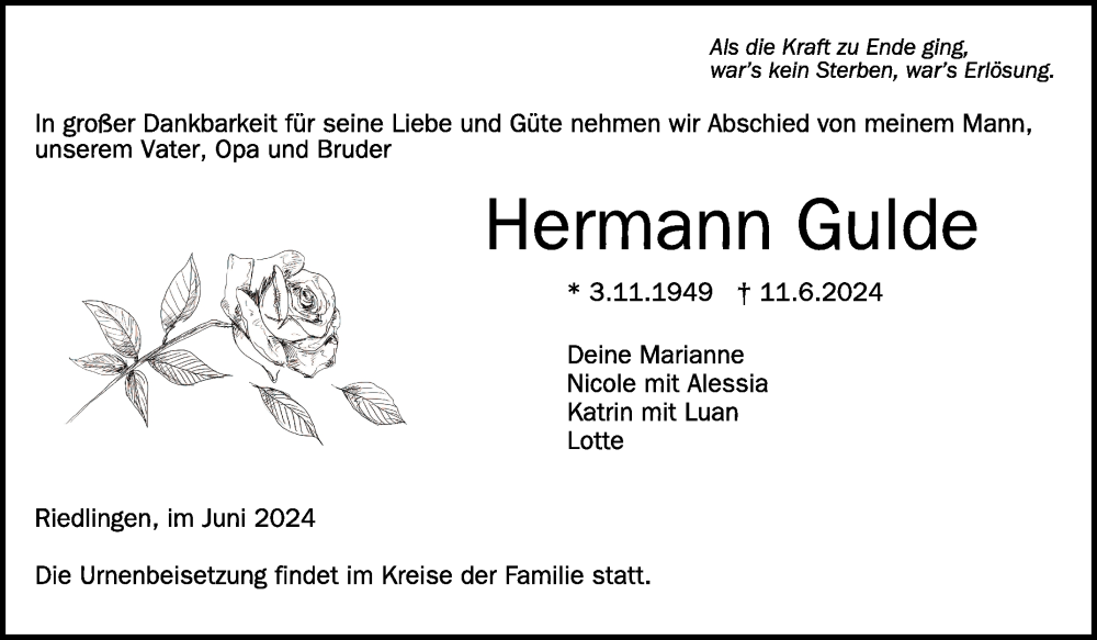  Traueranzeige für Hermann Gulde vom 22.06.2024 aus Schwäbische Zeitung