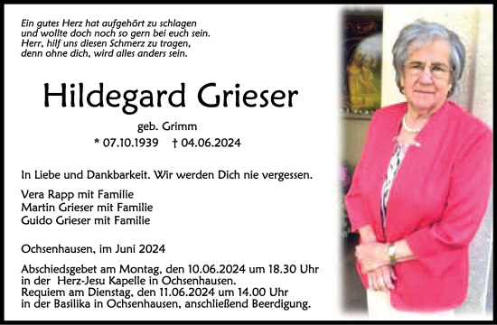 Anzeige von Hildegard Grieser von Schwäbische Zeitung