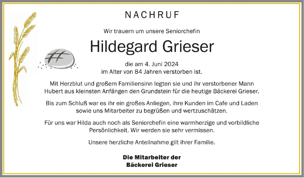  Traueranzeige für Hildegard Grieser vom 15.06.2024 aus Schwäbische Zeitung