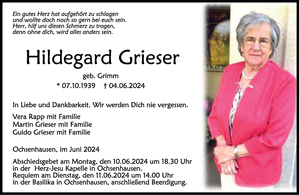  Traueranzeige für Hildegard Grieser vom 08.06.2024 aus Schwäbische Zeitung