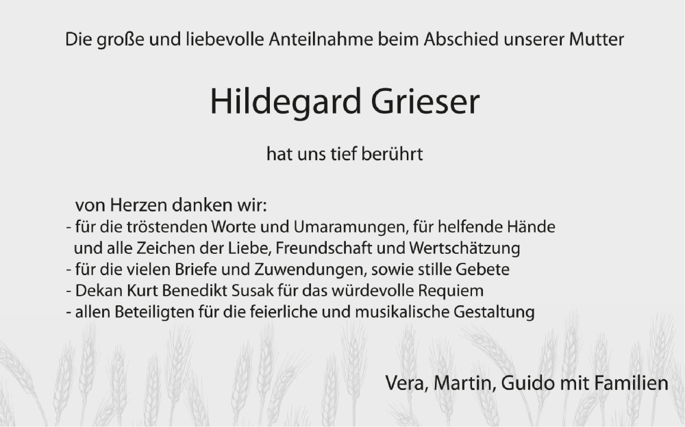  Traueranzeige für Hildegard Grieser vom 22.06.2024 aus Schwäbische Zeitung