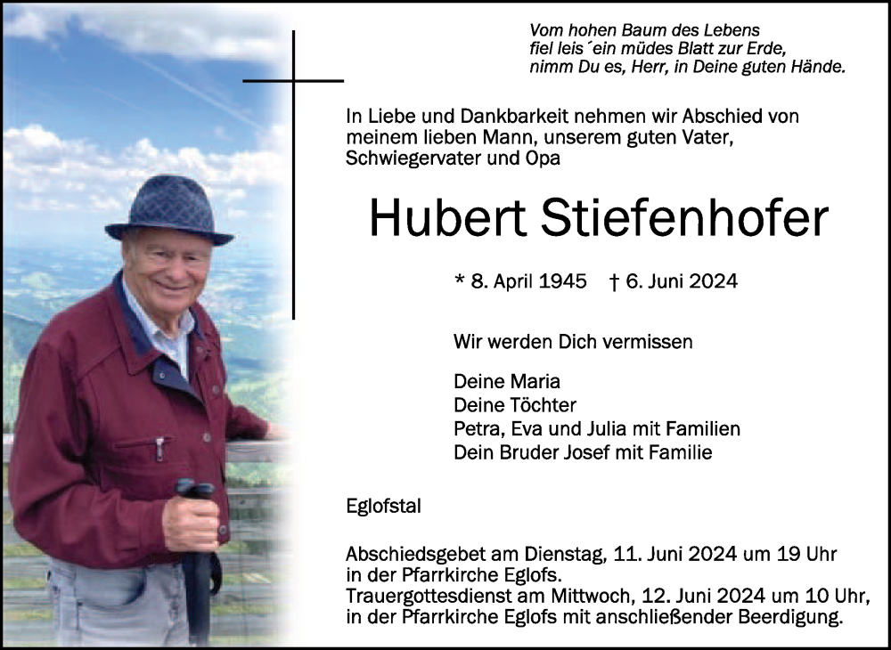  Traueranzeige für Hubert Stiefenhofer vom 10.06.2024 aus Schwäbische Zeitung