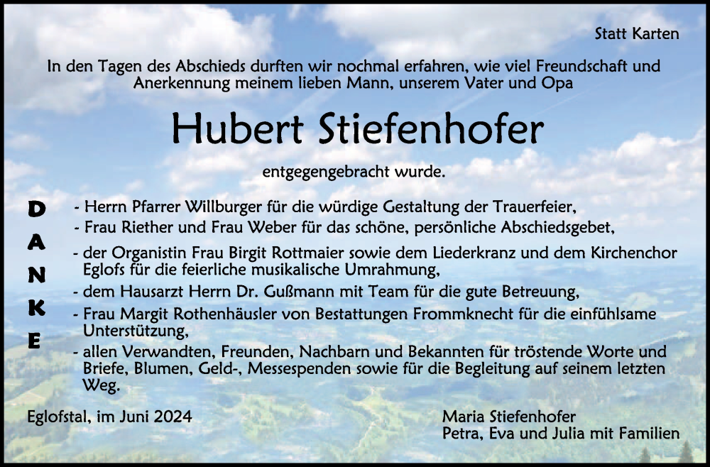  Traueranzeige für Hubert Stiefenhofer vom 22.06.2024 aus Schwäbische Zeitung