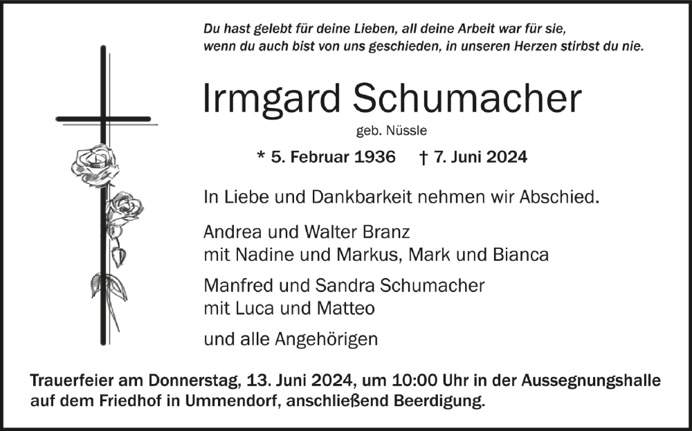  Traueranzeige für Irmgard Schumacher vom 11.06.2024 aus Schwäbische Zeitung