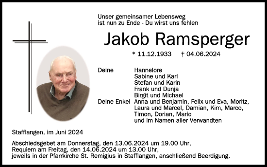 Anzeige von Jakob Ramsperger von Schwäbische Zeitung