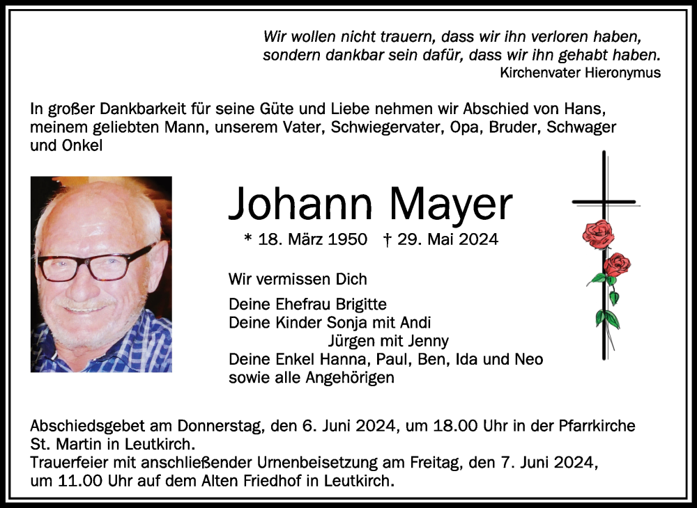  Traueranzeige für Johann Mayer vom 01.06.2024 aus Schwäbische Zeitung