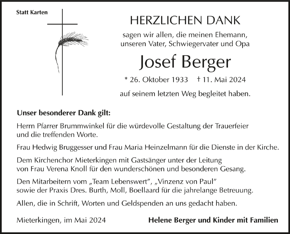  Traueranzeige für Josef Berger vom 01.06.2024 aus Schwäbische Zeitung