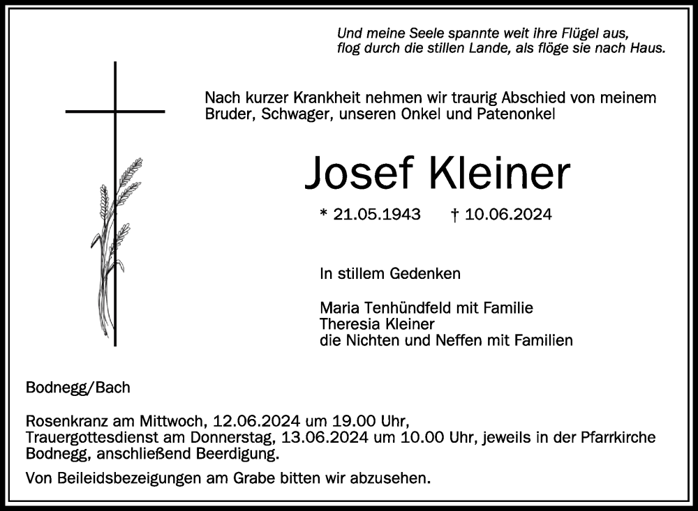  Traueranzeige für Josef Kleiner vom 11.06.2024 aus Schwäbische Zeitung
