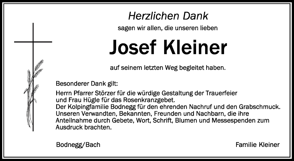  Traueranzeige für Josef Kleiner vom 29.06.2024 aus Schwäbische Zeitung
