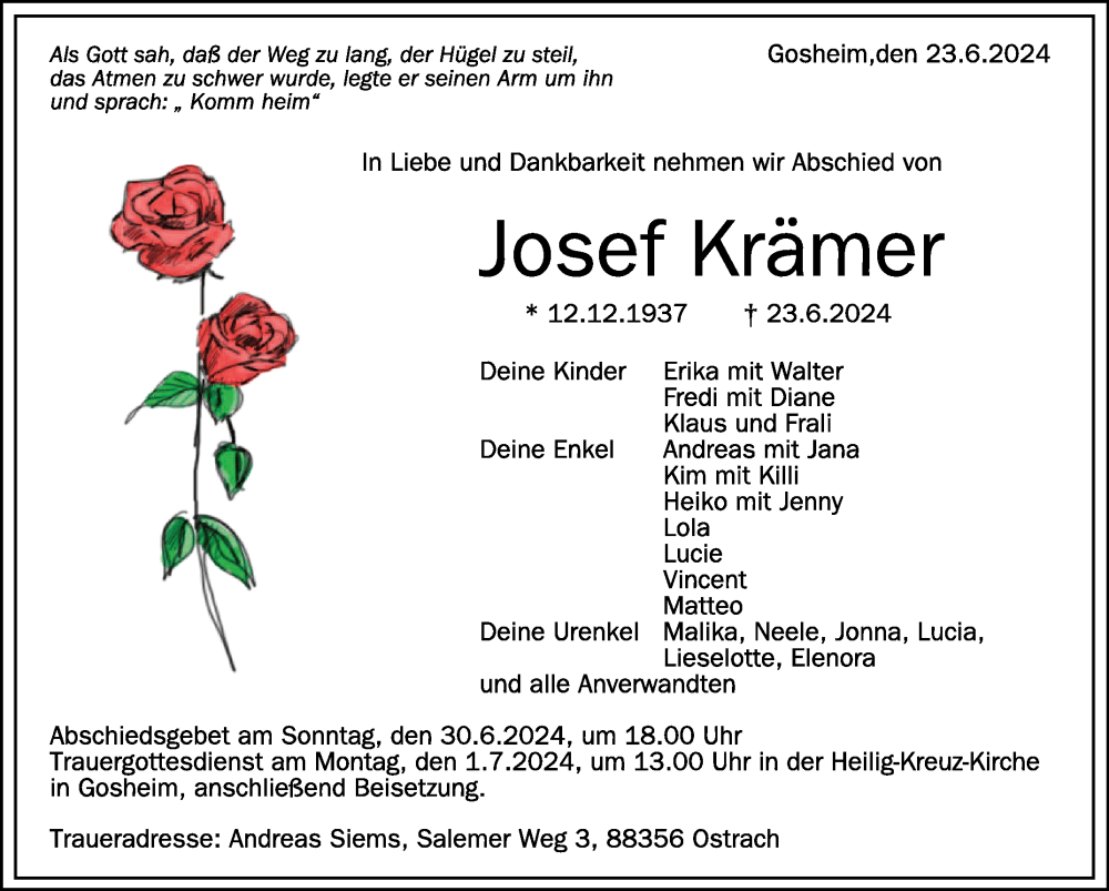  Traueranzeige für Josef Krämer vom 28.06.2024 aus Schwäbische Zeitung