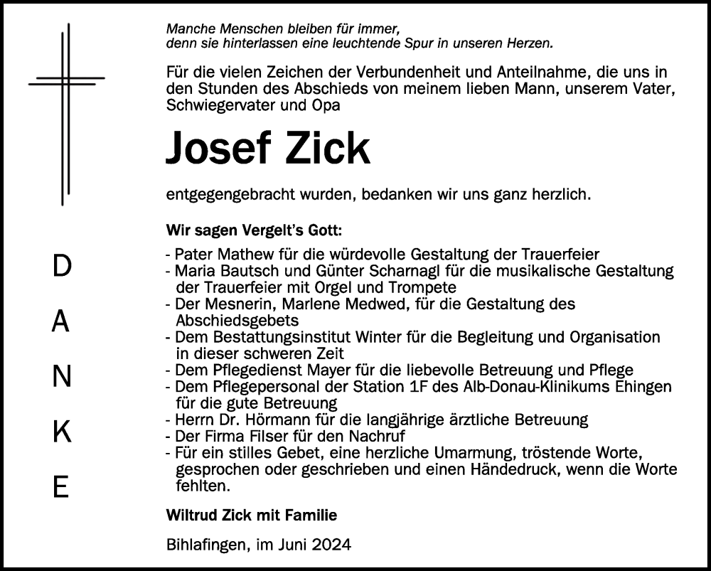  Traueranzeige für Josef Zick vom 08.06.2024 aus Schwäbische Zeitung