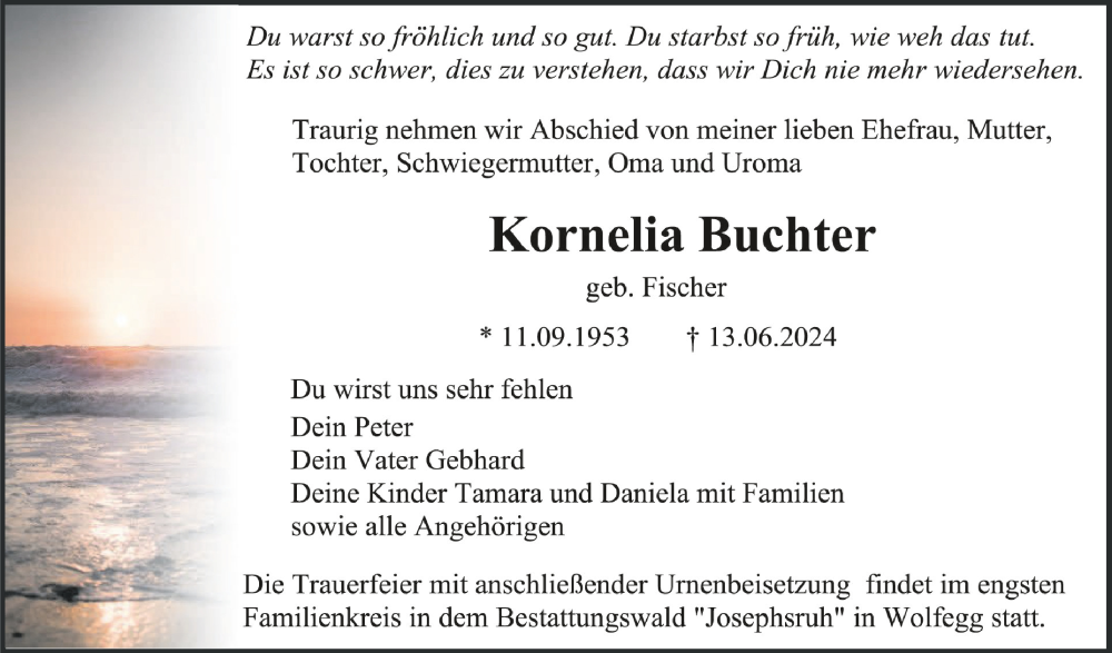  Traueranzeige für Kornelia Buchter vom 26.06.2024 aus Schwäbische Zeitung