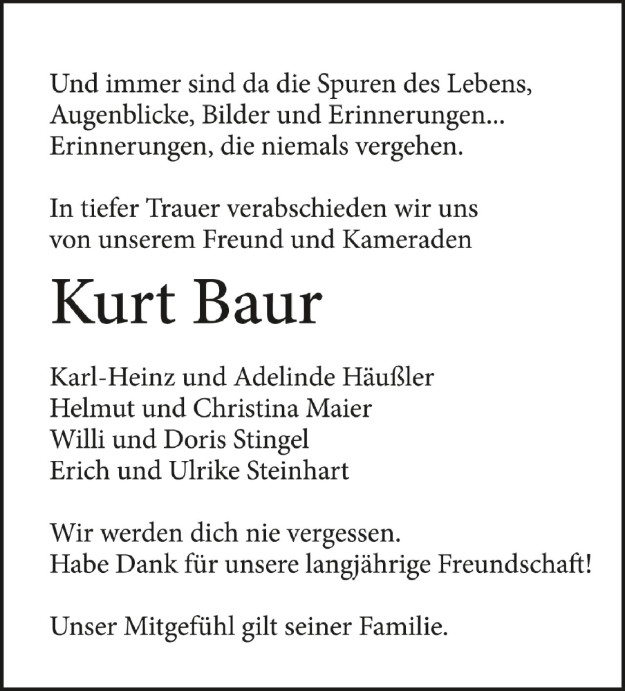  Traueranzeige für Kurt Baur vom 29.05.2024 aus Schwäbische Zeitung