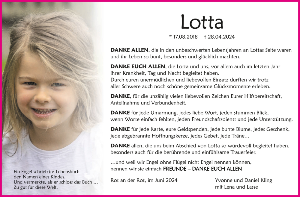  Traueranzeige für Lotta Kling vom 01.06.2024 aus Schwäbische Zeitung