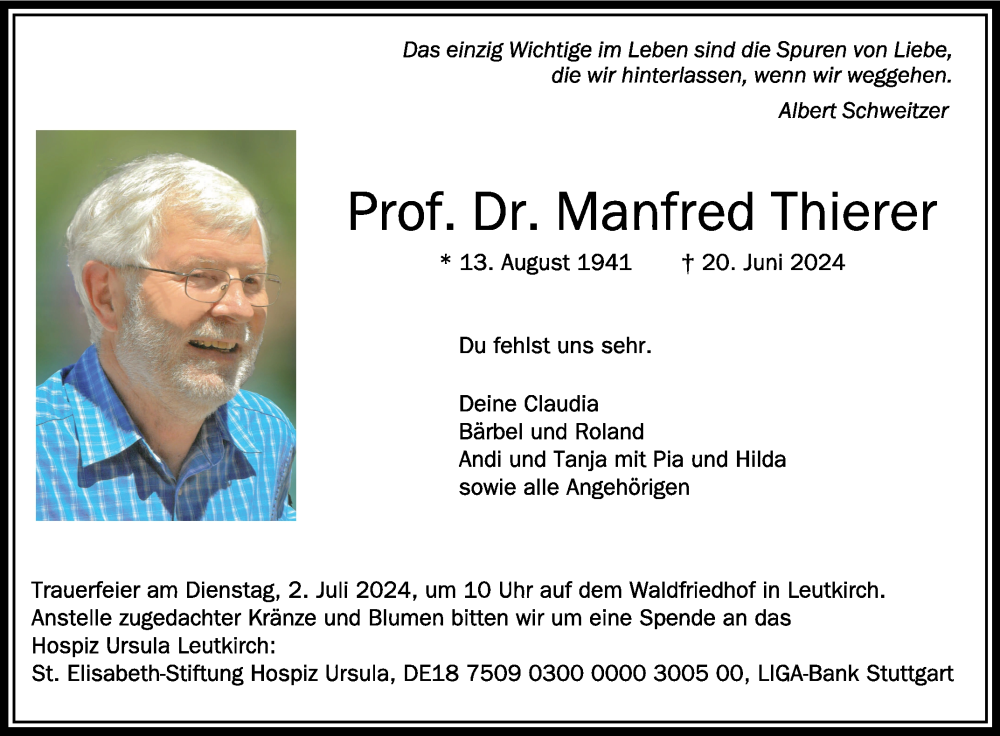  Traueranzeige für Manfred Thierer vom 26.06.2024 aus Schwäbische Zeitung