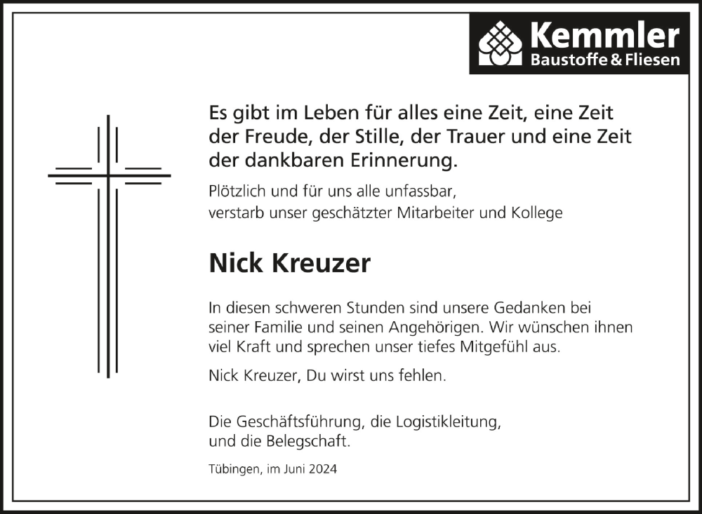  Traueranzeige für Nick Kreuzer vom 15.06.2024 aus Schwäbische Zeitung