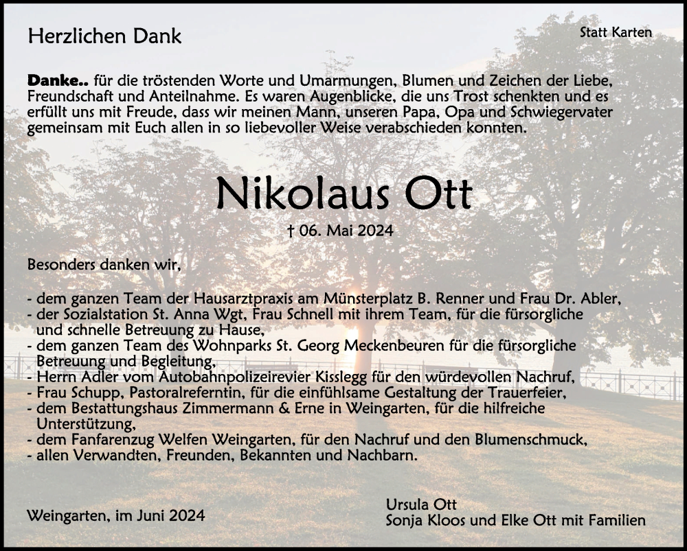  Traueranzeige für Nikolaus Ott vom 15.06.2024 aus Schwäbische Zeitung