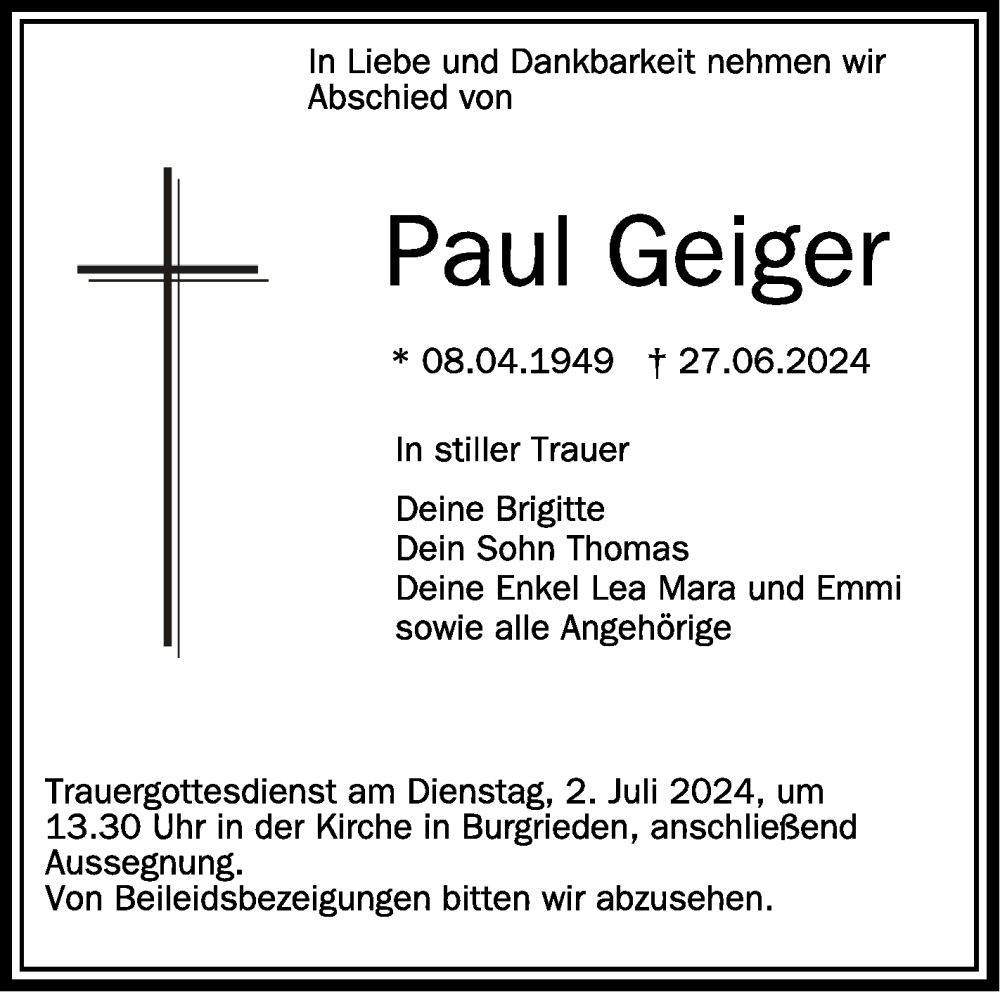  Traueranzeige für Paul Geiger vom 29.06.2024 aus Schwäbische Zeitung