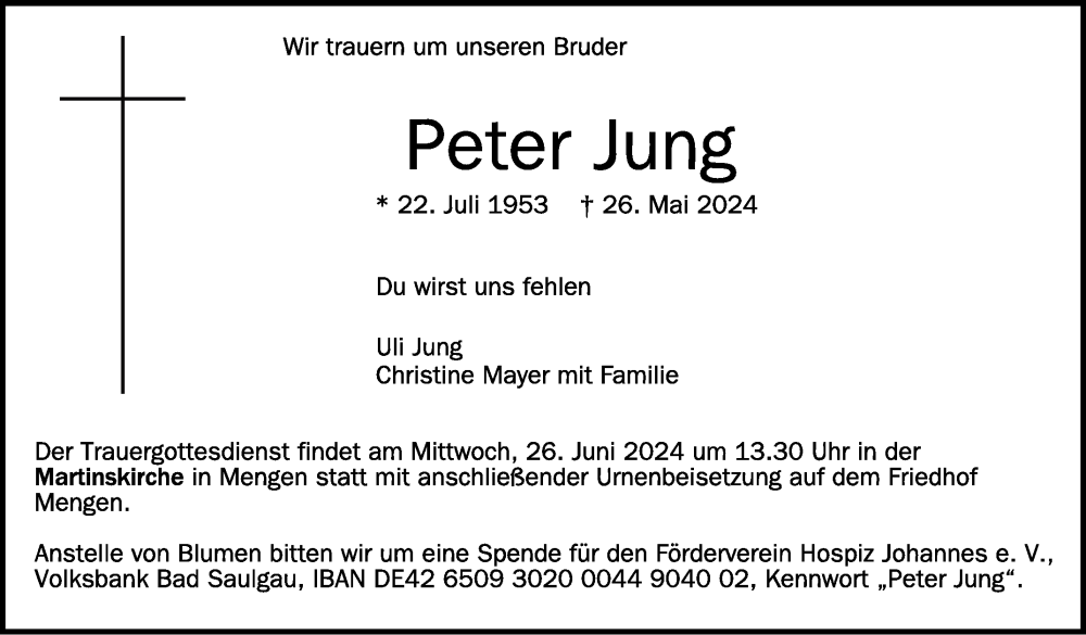  Traueranzeige für Peter Jung vom 15.06.2024 aus Schwäbische Zeitung